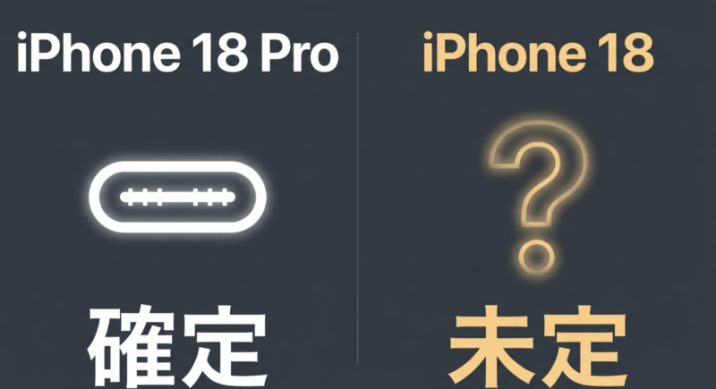 iPhone 18の充電端子におけるUSB-C継続と完全ワイヤレス化の疑問を表すイメージ図