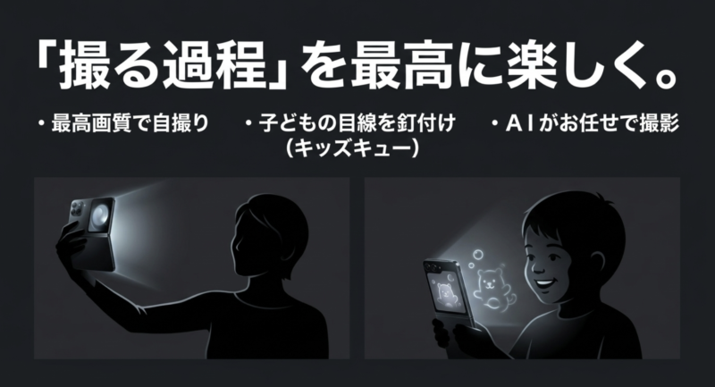 最高画質での自撮りやキッズキューなど、撮る過程を楽しくする機能の紹介