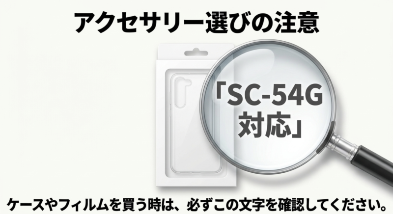 Galaxy A57 5Gのケースや保護フィルムを買う時は必ずSC-54G対応の文字を確認すべきであることを示すスライド