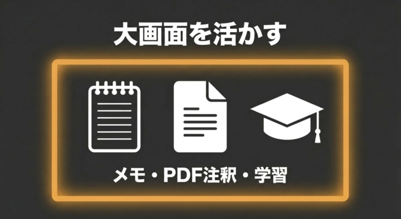 大画面を活かしたメモ、PDF注釈、学習用途のイメージ