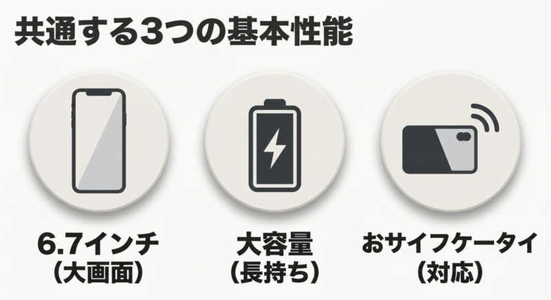 Galaxy A57 5Gに共通する3つの基本性能(6.7インチ大画面・大容量バッテリー・おサイフケータイ対応)のまとめ図解
