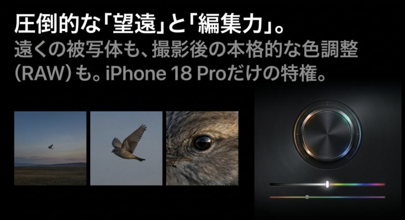 圧倒的な望遠性能とRAW編集など、iPhone 18 Proの特権を示す解説