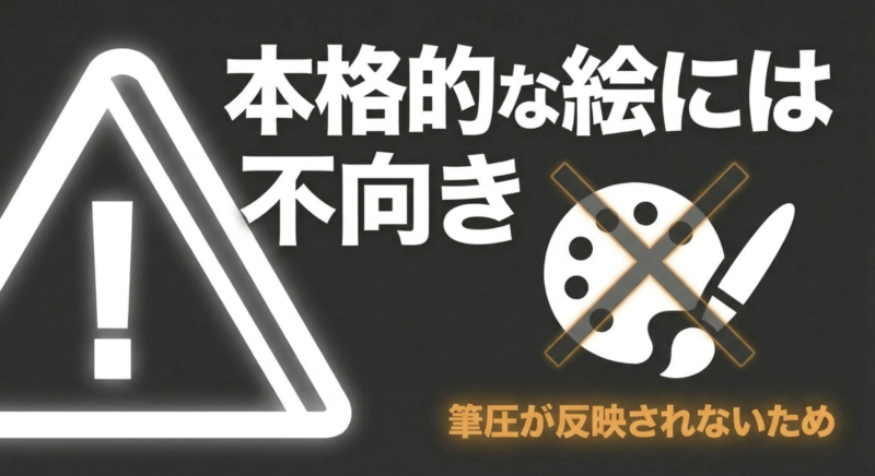 筆圧が反映されないため本格的な絵には不向きであるという注意書き