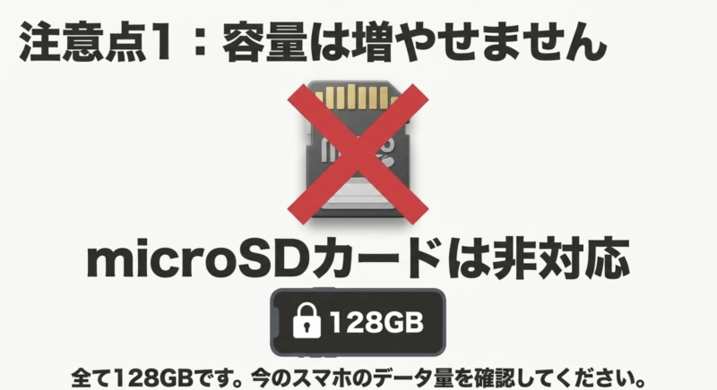 Galaxy A57 5G(SC-54G)はmicroSDカード非対応で128GBから容量を増やせないためデータ量の確認が必要であることを示す注意点スライド